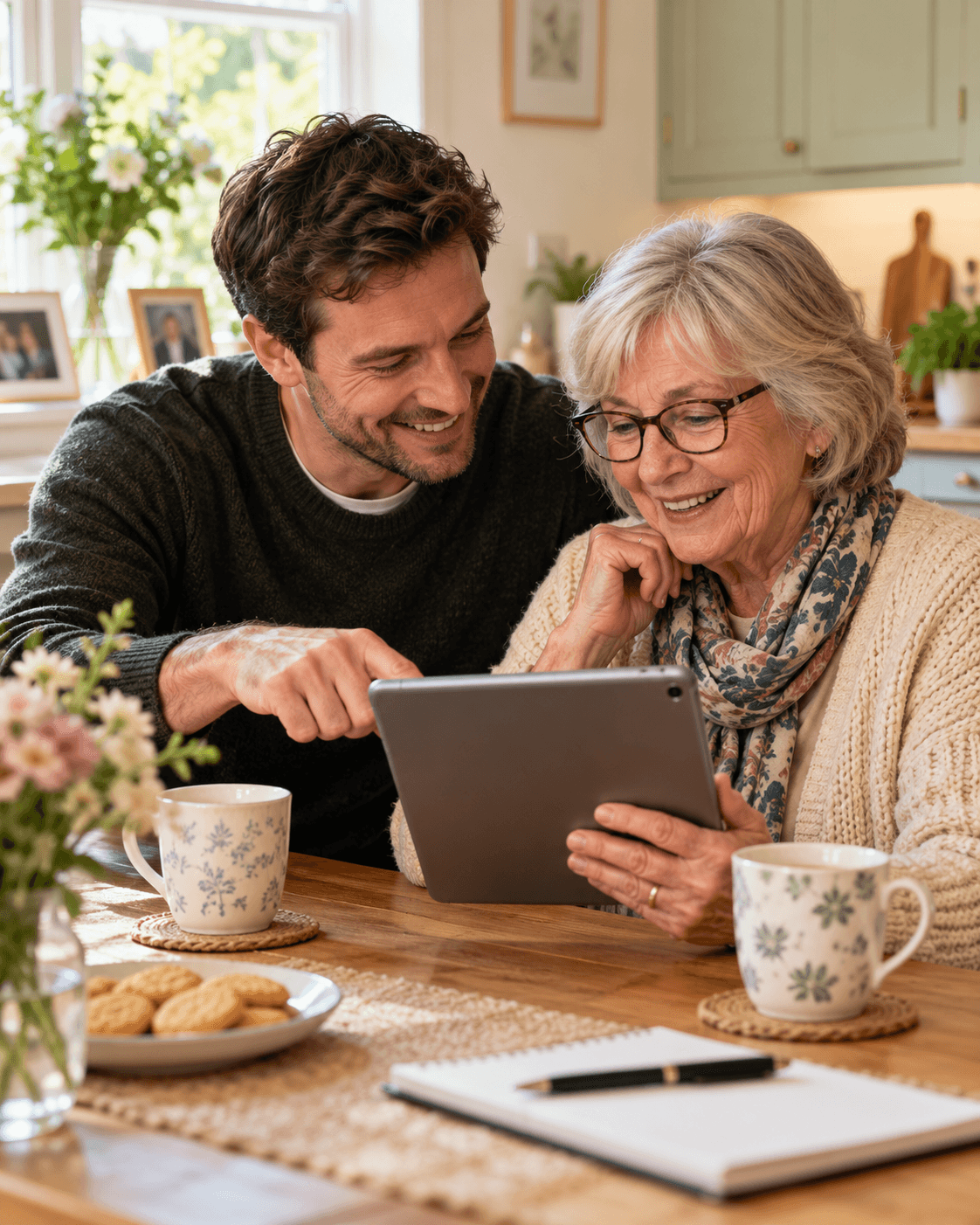 A woman and her adult son share a smile as they look at a tablet together at home.